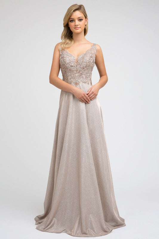 Embellishments bodice metallic a - line evening prom dress-smcdress