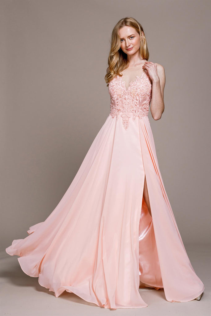 Illusion V-Neck Lace Slit Dress for Evening & Prom-smcdress