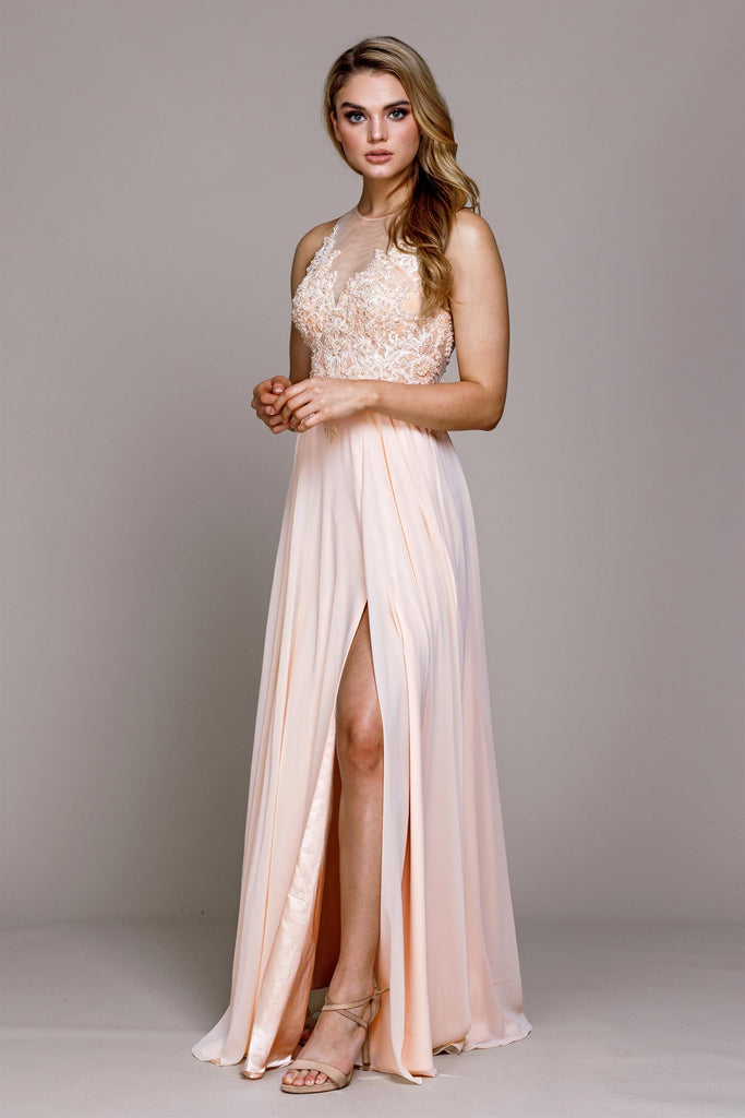 Illusion V-Neck Lace Slit Dress for Evening & Prom-smcdress