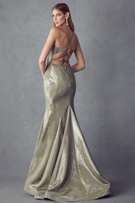 Fitted metallic curve-hugging silhouette that flares into a dramatic floor-sweeping train prom gown-smcdress