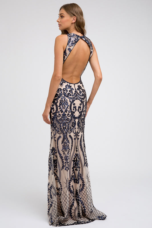 Embroidered Lace Illusion V-Neck Prom & MOB Dress-smcdress
