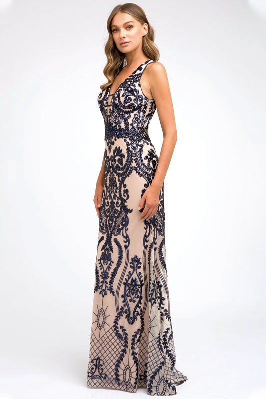 Fitted Sequined deep v neck mermaid Prom Evening Gown-smcdress