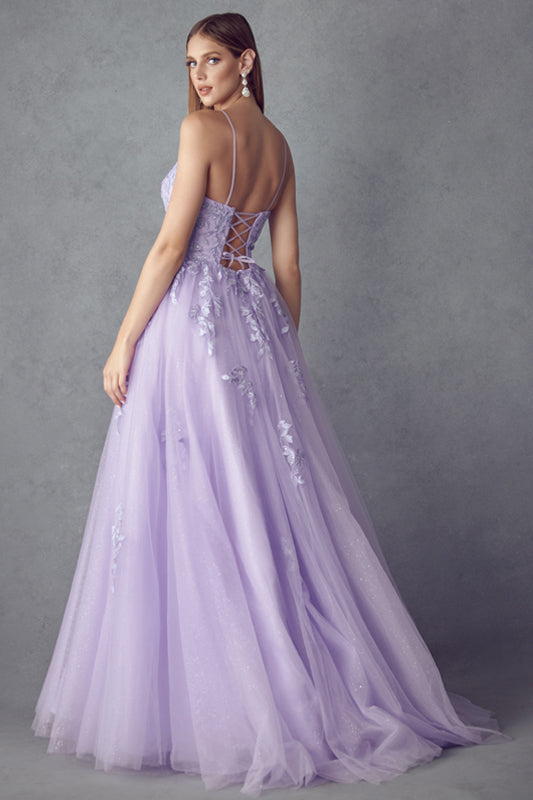 Tulle Prom Dress w/ Floral Applique-smcdress