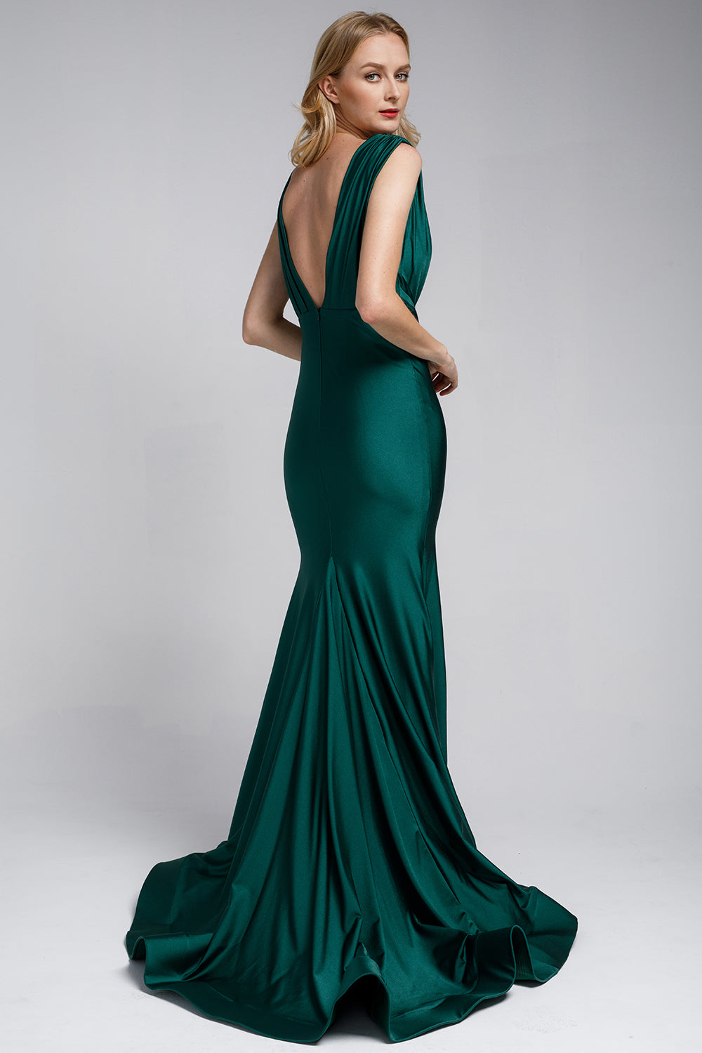 V-Neck Satin Mermaid Dress-smcdress