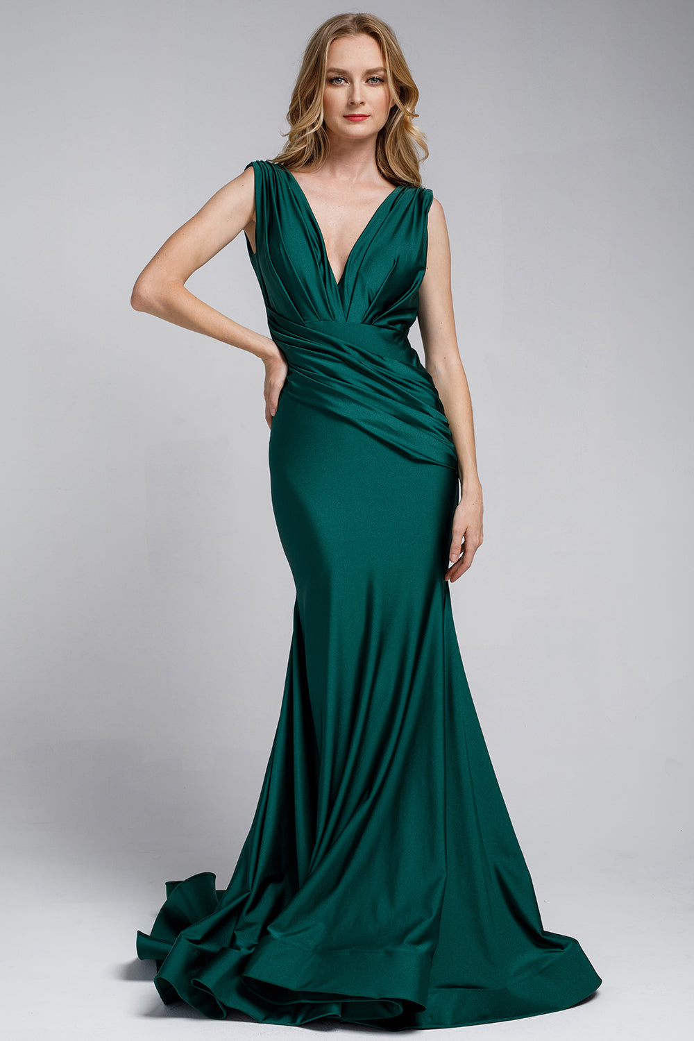 V-Neck Satin Mermaid Dress-smcdress