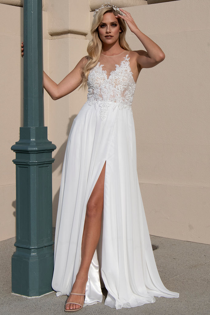 Illusion V-Neck Long Dress with Sheer Back & Embroidered Lace Slit-smcdress