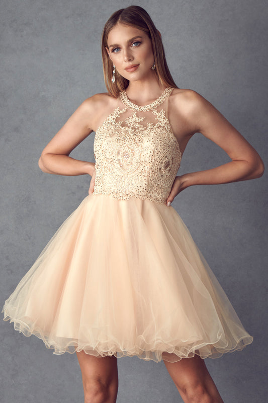 Short Fit & Flare Halter Dress for Cocktail & Homecoming-smcdress
