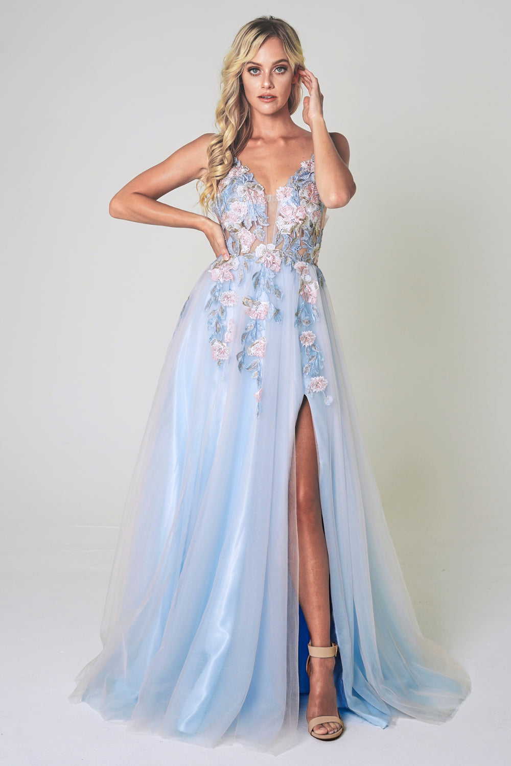 3D Flowers Long Prom Dress, Spaghetti Straps, Side Slit-smcdress