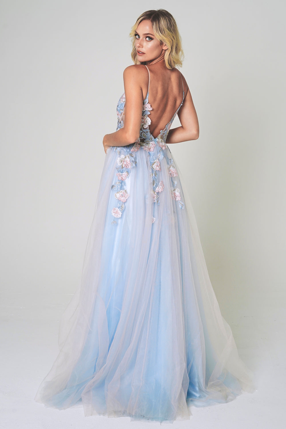 3D Flowers Long Prom Dress, Spaghetti Straps, Side Slit-smcdress