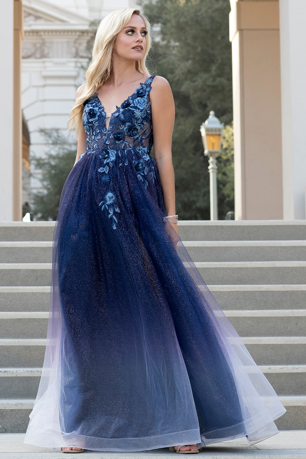 V-Neck Prom Dress w/ 3D Floral Applique-smcdress