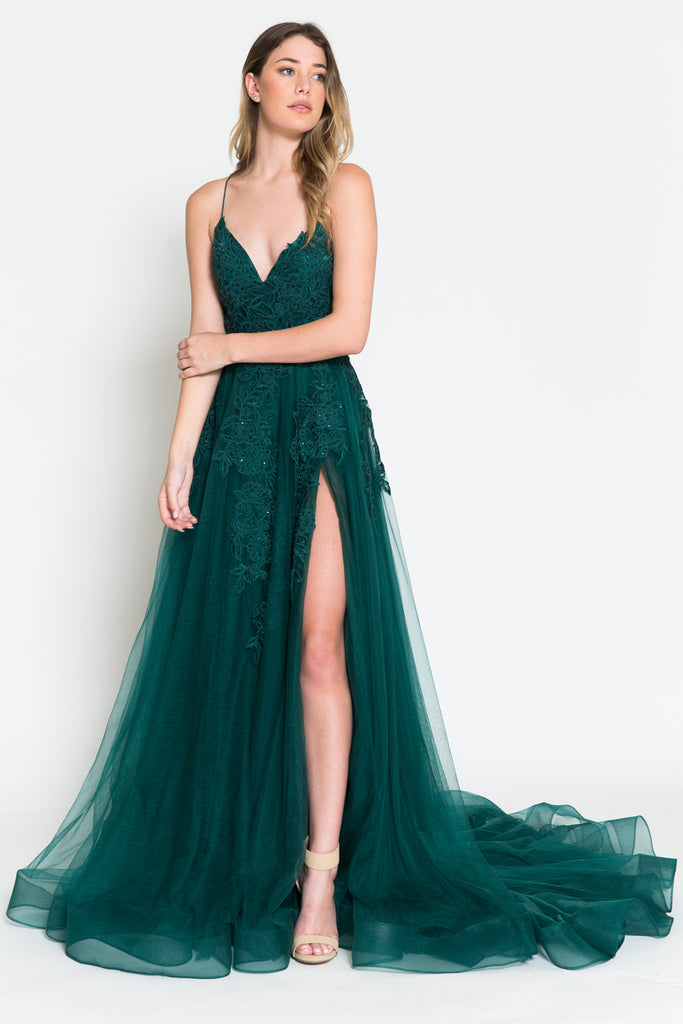 V-Neck Lace Tulle Skirt Slit Long Dress for Wedding & Prom-smcdress