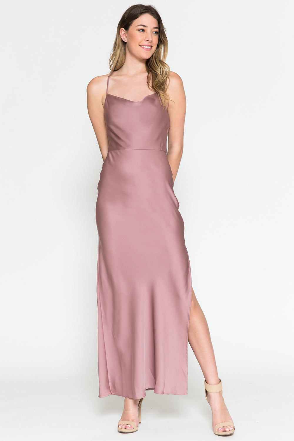 Satin Side Slit Criss Cross Back Midi Dress-smcdress