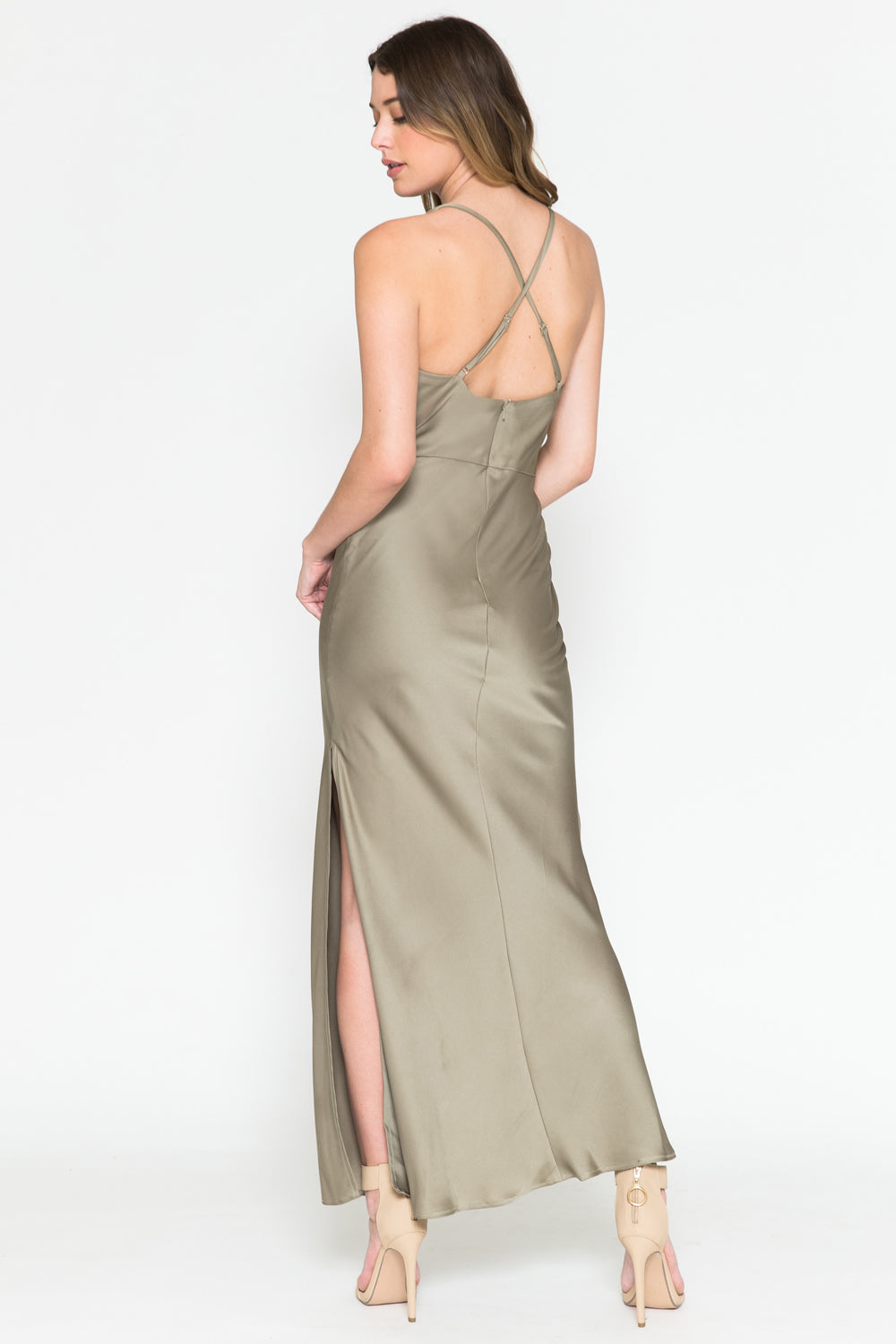Satin Side Slit Criss Cross Back Midi Dress-smcdress