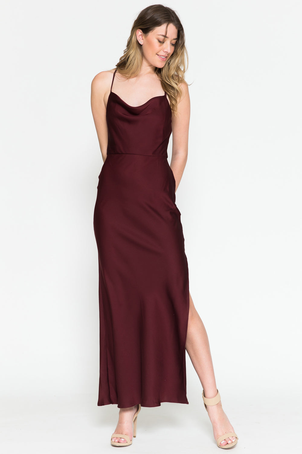 Satin Side Slit Criss Cross Back Midi Dress-smcdress