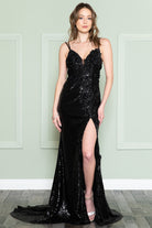 Embroidered Sequin Long Dress with Slit-smcdress
