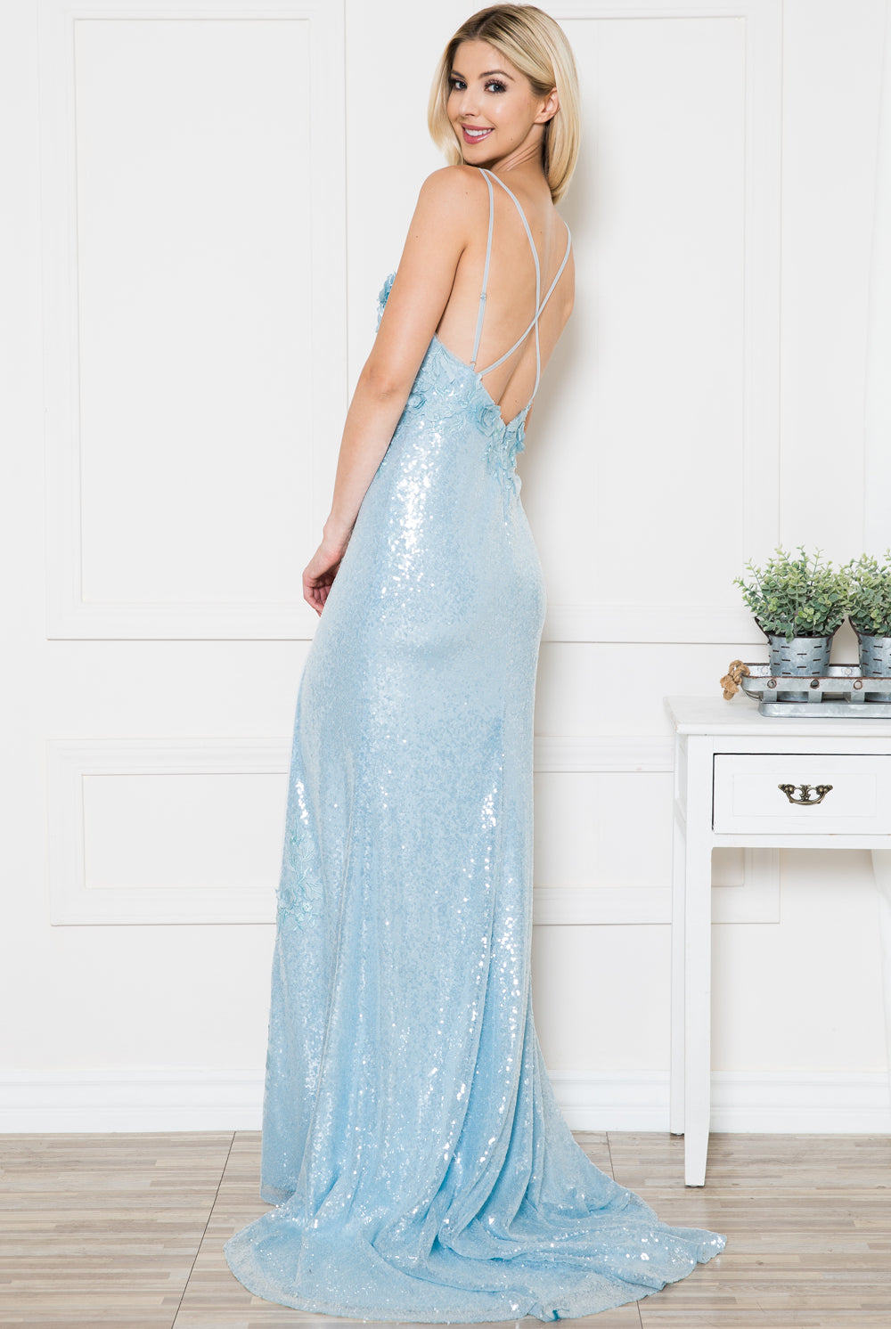 Embroidered Sequin Long Dress with Slit-smcdress