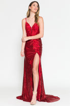 Embroidered Sequin Long Dress with Slit-smcdress