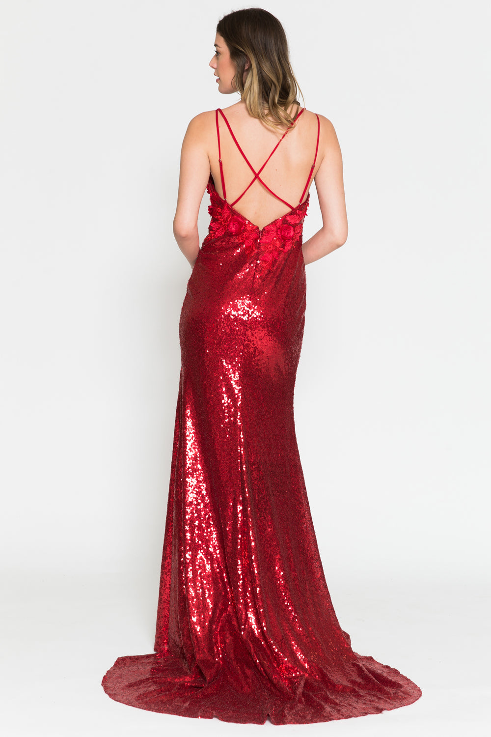 Embroidered Sequin Long Dress with Slit-smcdress