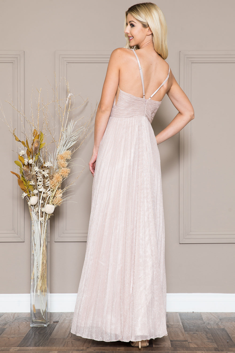 Glittery Long Evening & Prom Dress w/ V-Neck, Open Back & Waist Detailing-smcdress