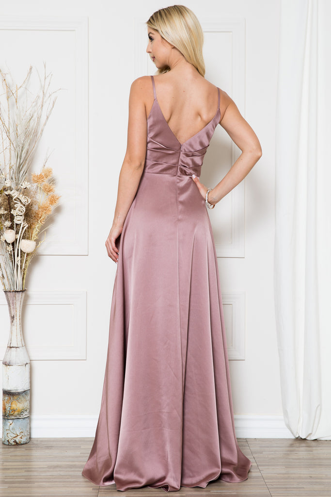 Open-V back satin prom gown w/ spaghetti straps & high slit-smcdress