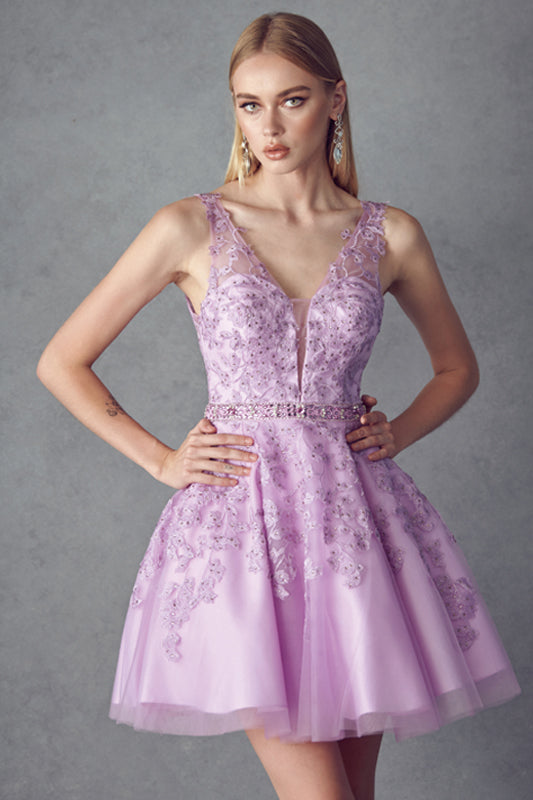 Floral Lace Appliqué Short Cocktail Dress-smcdress