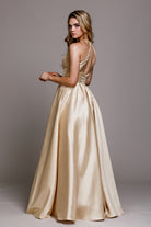 Glitter Long Prom Dress with A-Line Straps & V-Neck Illusion-smcdress