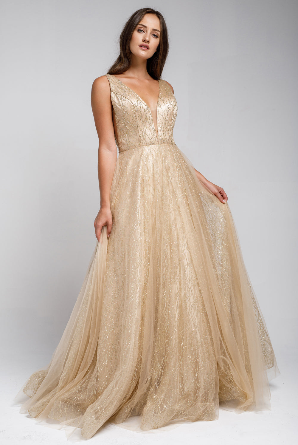 Glitter V-Neck Long Wedding & Prom Dress-smcdress