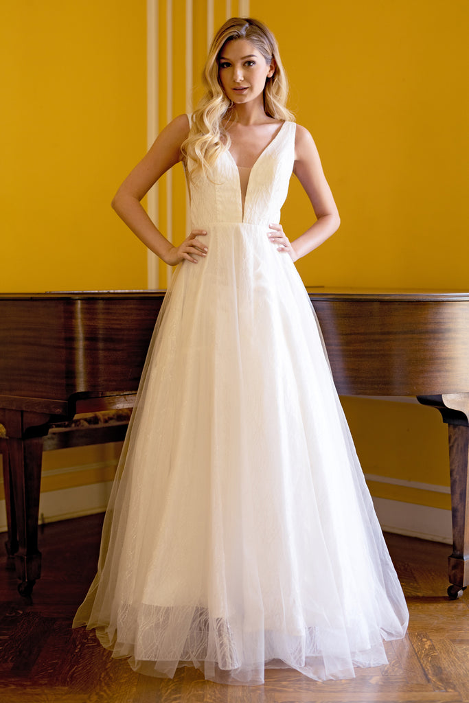 Glitter V-Neck Long Wedding & Prom Dress-smcdress