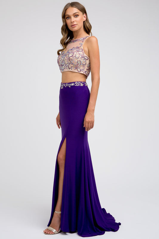 Two piece bead embellished top evening prom dress-smcdress