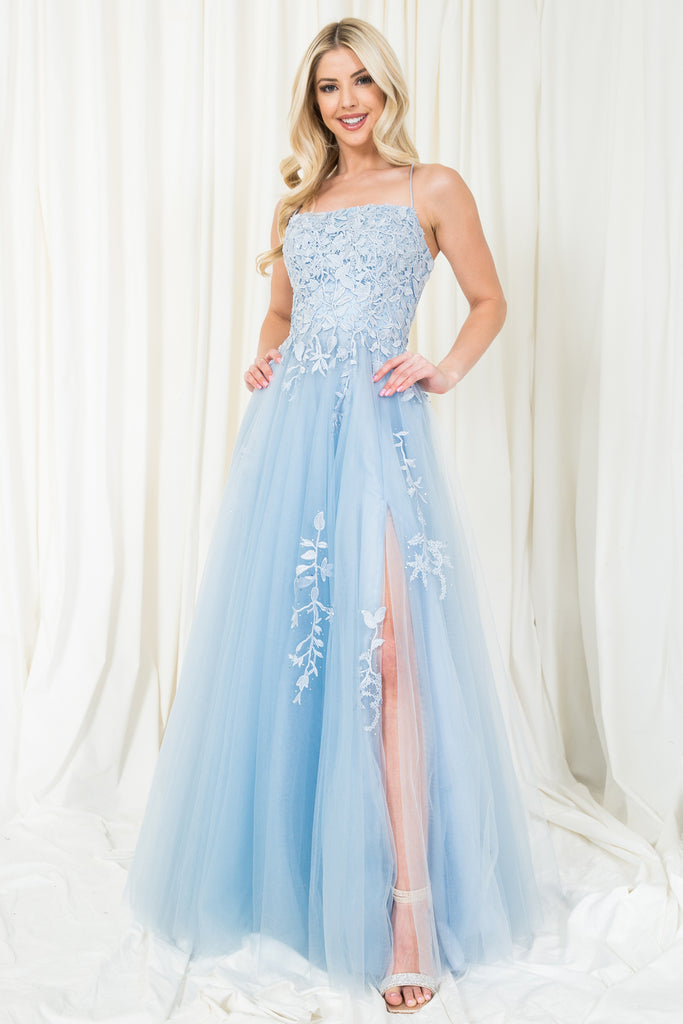 Embroidered Bodice Slit Long Prom Dress-smcdress