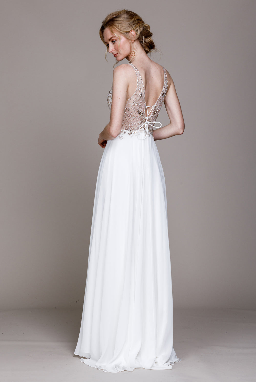 Embroidered Long Wedding Dress with Bodice & Slit-smcdress