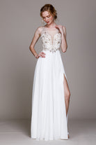 Embroidered Long Wedding Dress with Bodice & Slit-smcdress