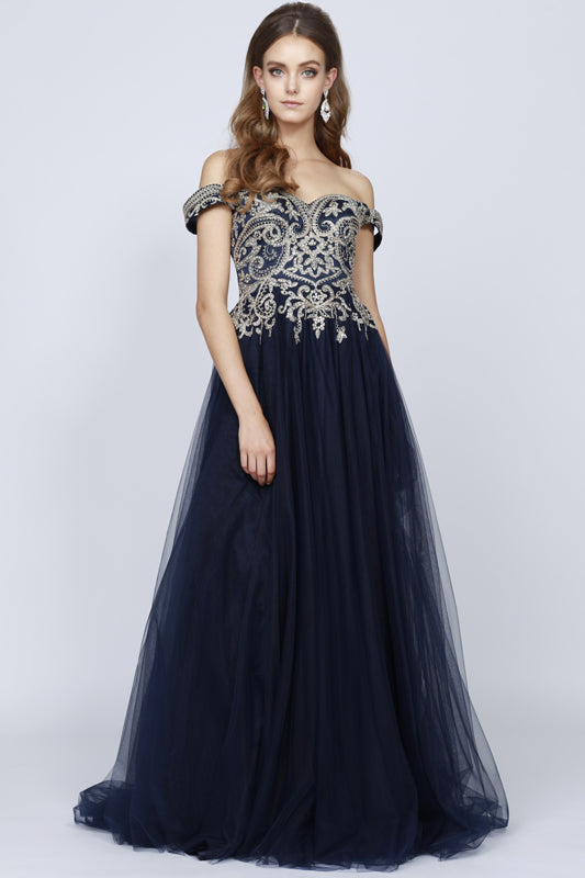 Embroidered off the shoulder prom ballgown-smcdress
