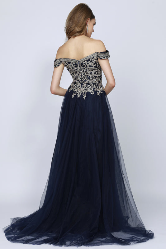 Embroidered off the shoulder prom ballgown-smcdress