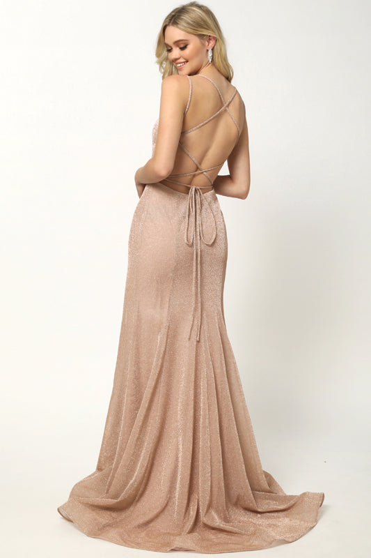 Criss cross back V neck glitter fitted prom dress-smcdress