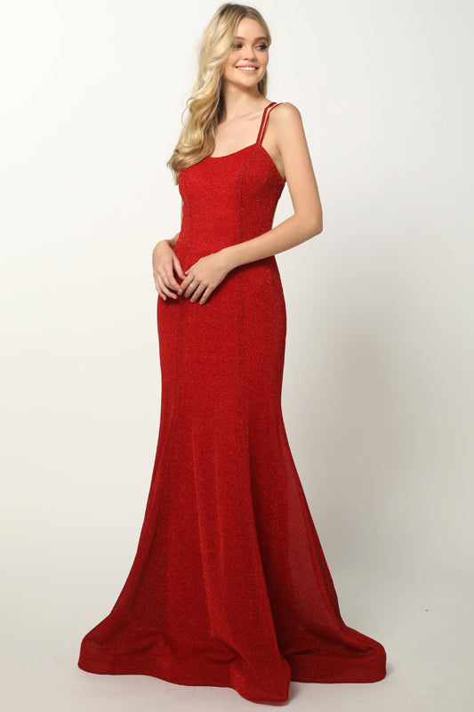 Criss cross back V neck glitter fitted prom dress-smcdress