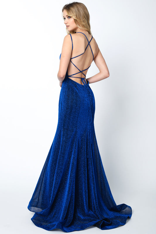 Criss cross back V neck glitter fitted prom dress-smcdress
