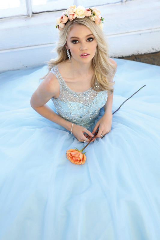 Beaded high neck bodice with keyhole back on tulle ball gown-smcdress