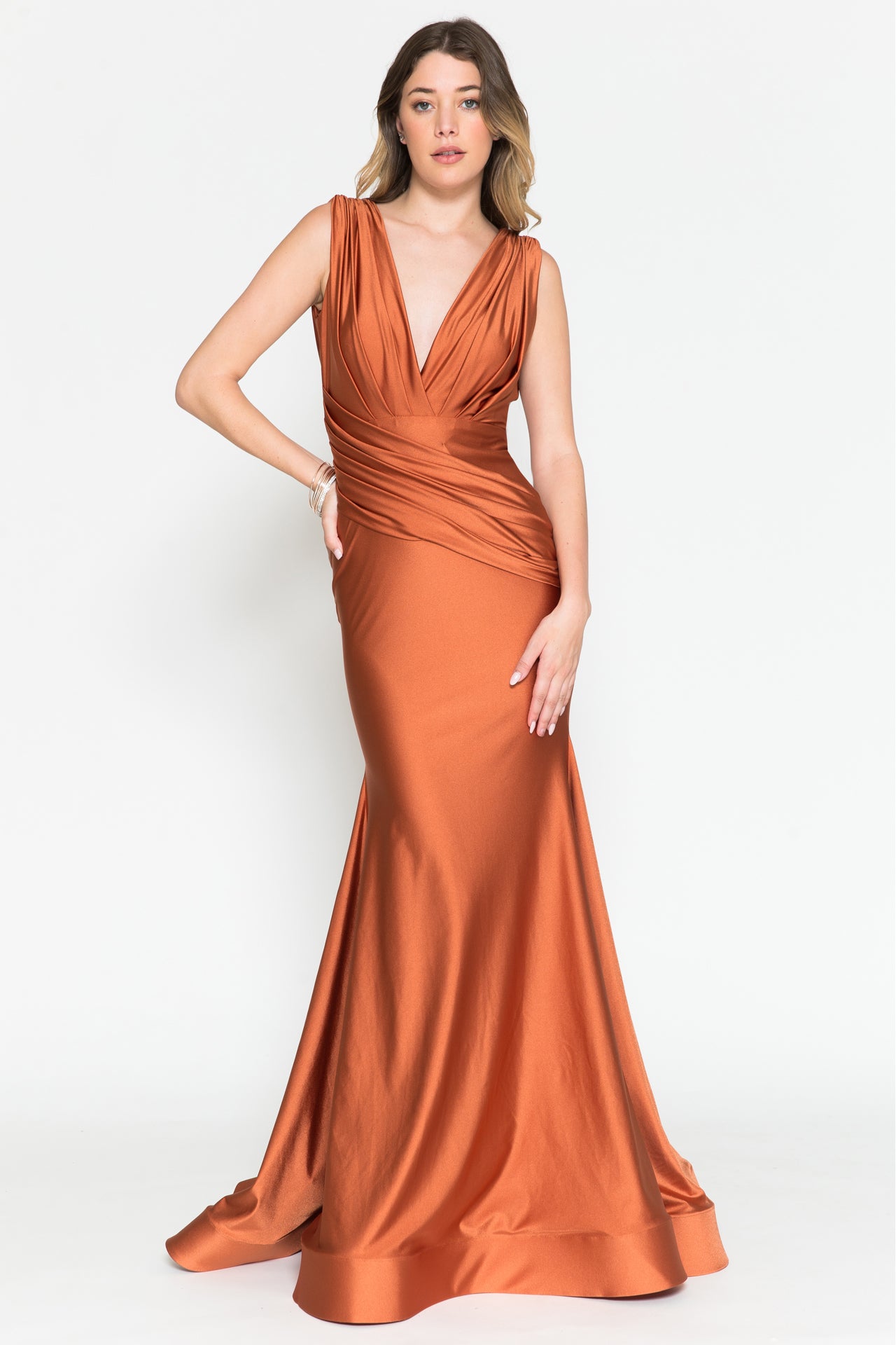 V-Neck Satin Mermaid Dress-smcdress
