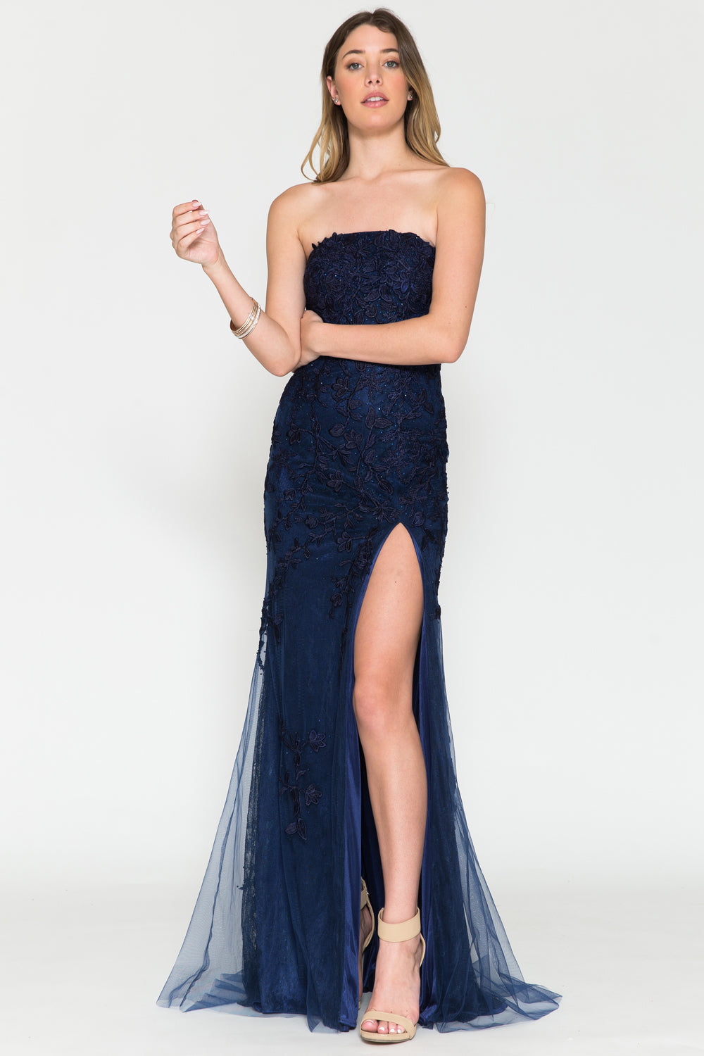 Embroidered Lace High Slit Long Evening Gown-smcdress