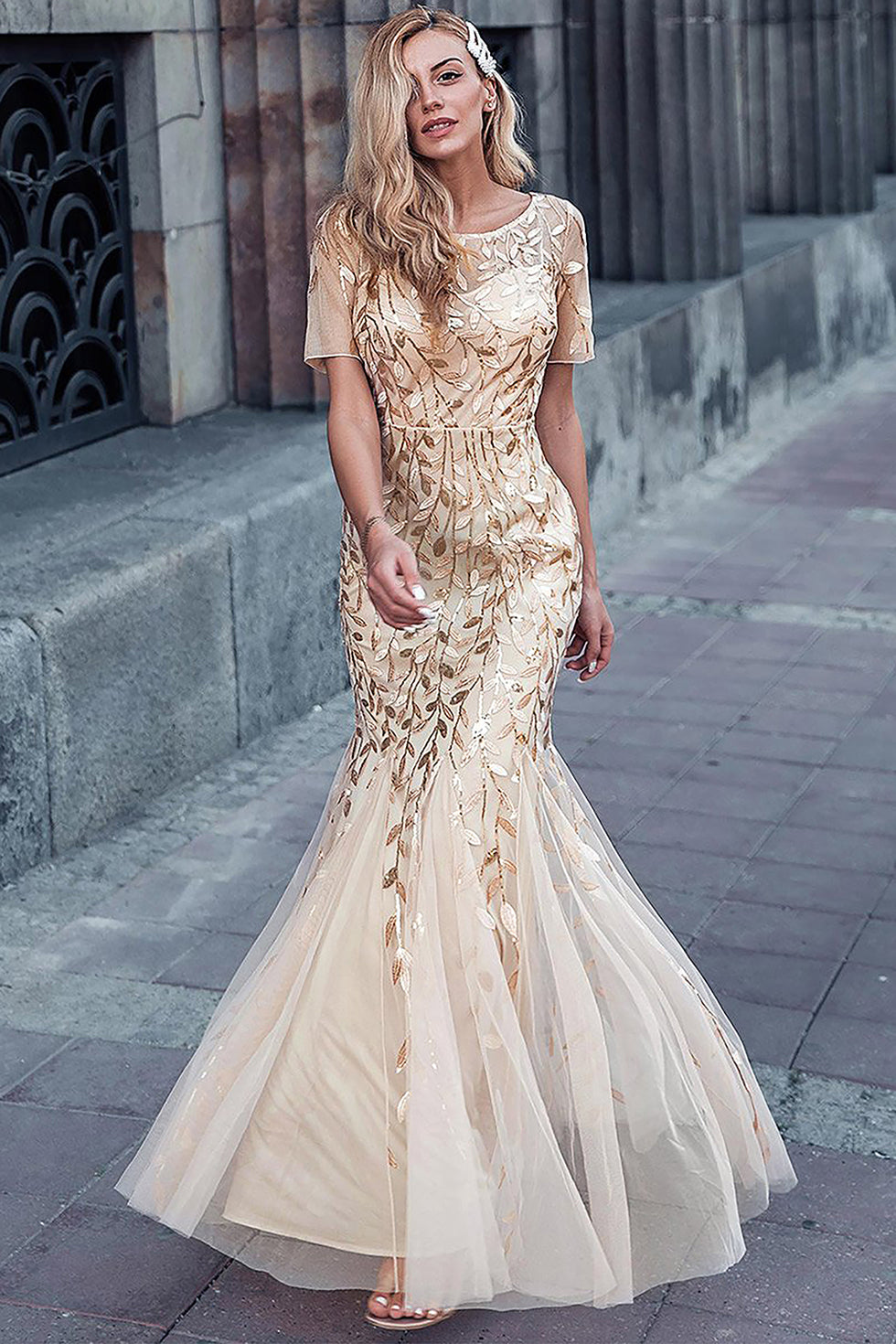 Luxury embroidered lace evening gown