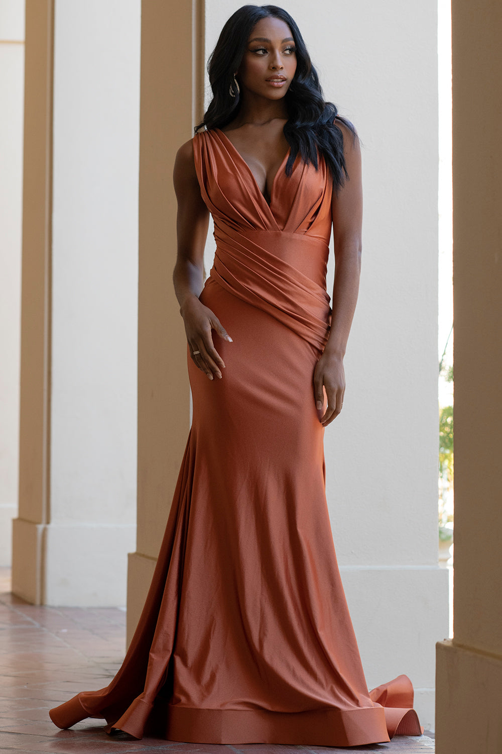 V-Neck Satin Mermaid Dress-smcdress
