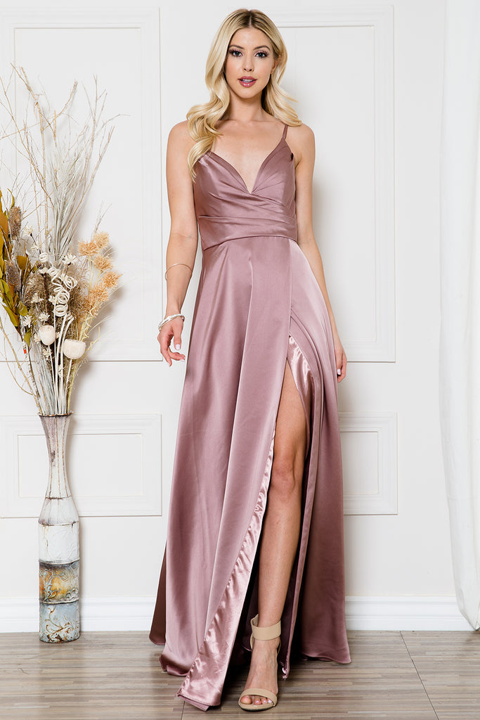 Open-V back satin prom gown w/ spaghetti straps & high slit-smcdress