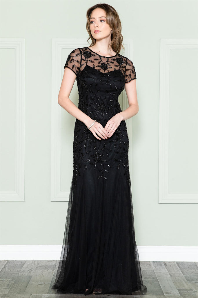 Embroidered Bodice Long Dress with Short Sleeves and Illusion Neckline-smcdress