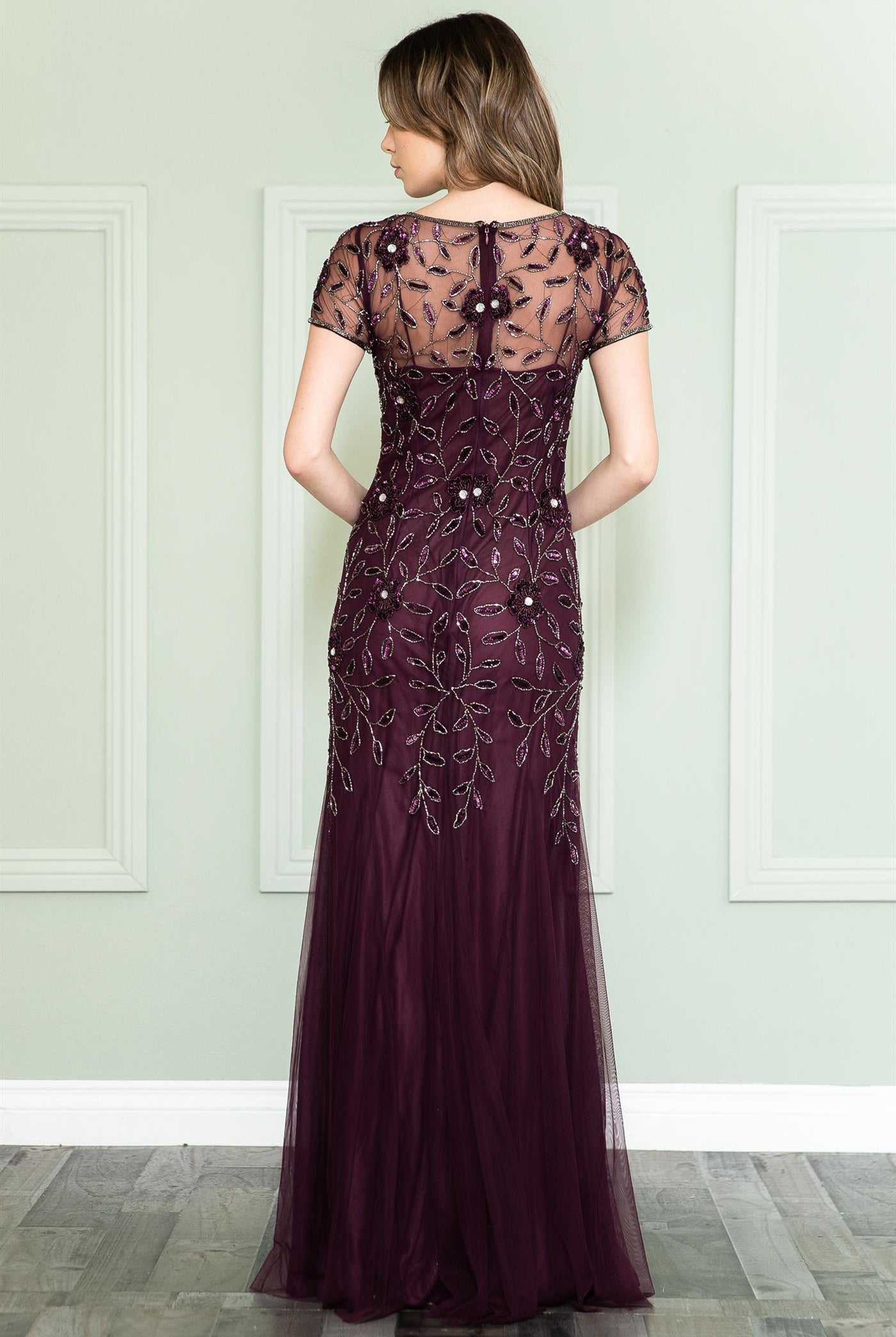 Embroidered Bodice Long Dress with Short Sleeves and Illusion Neckline-smcdress