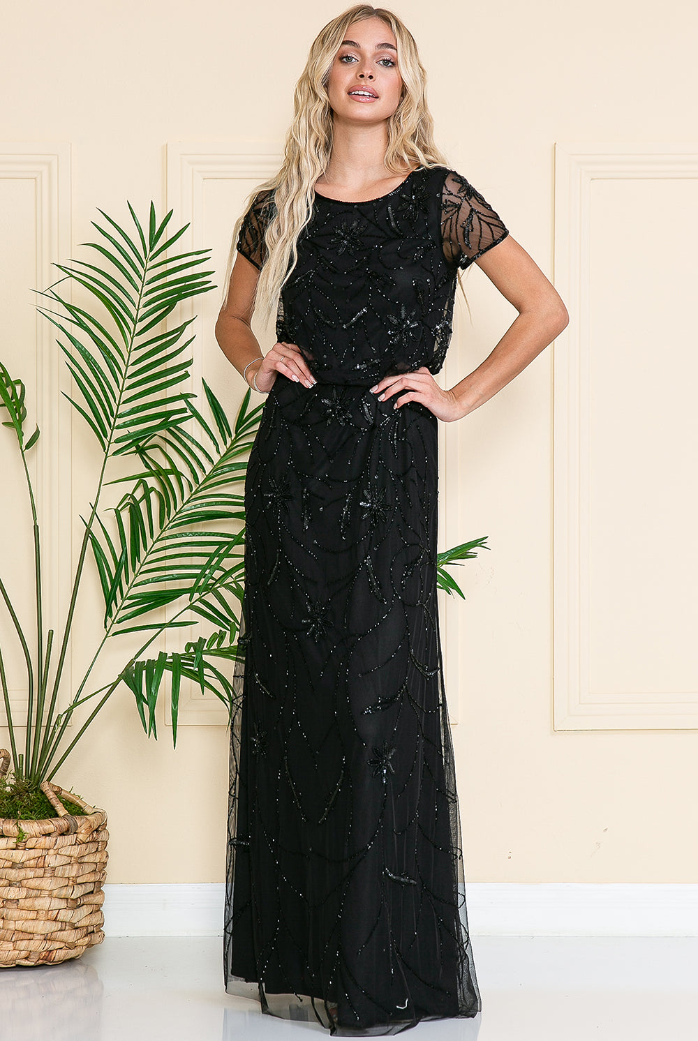 Glitter-Embellished Long MOB Dress w/Short Sleeves-smcdress