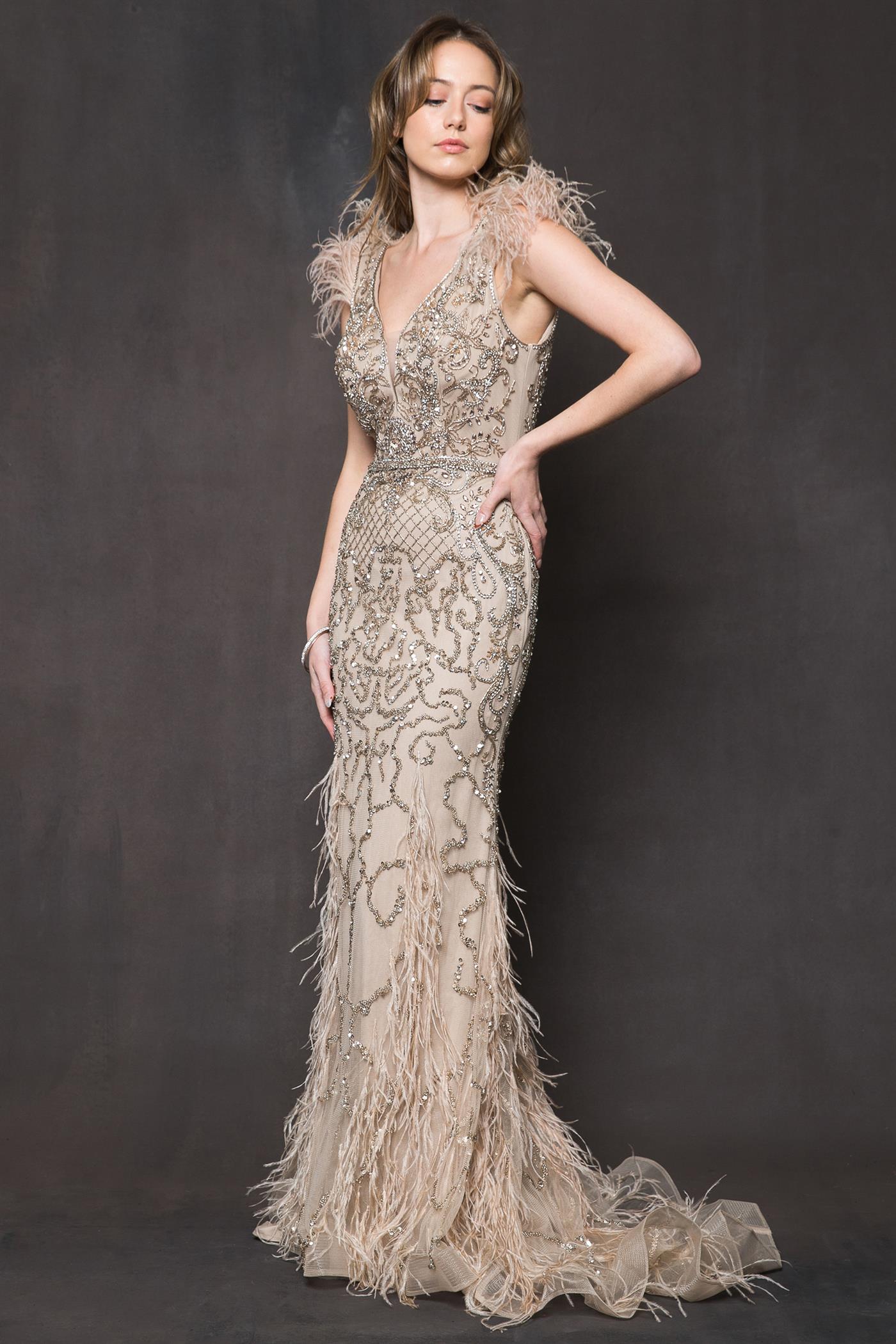 Embroidered Sequin Feather Long Prom Dress-smcdress