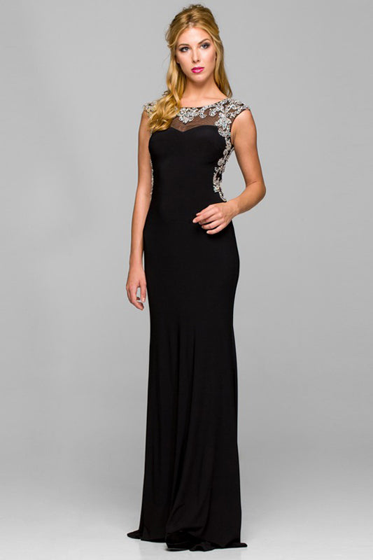 Embroidered Long MOB Dress w/ Cap Sleeves-smcdress