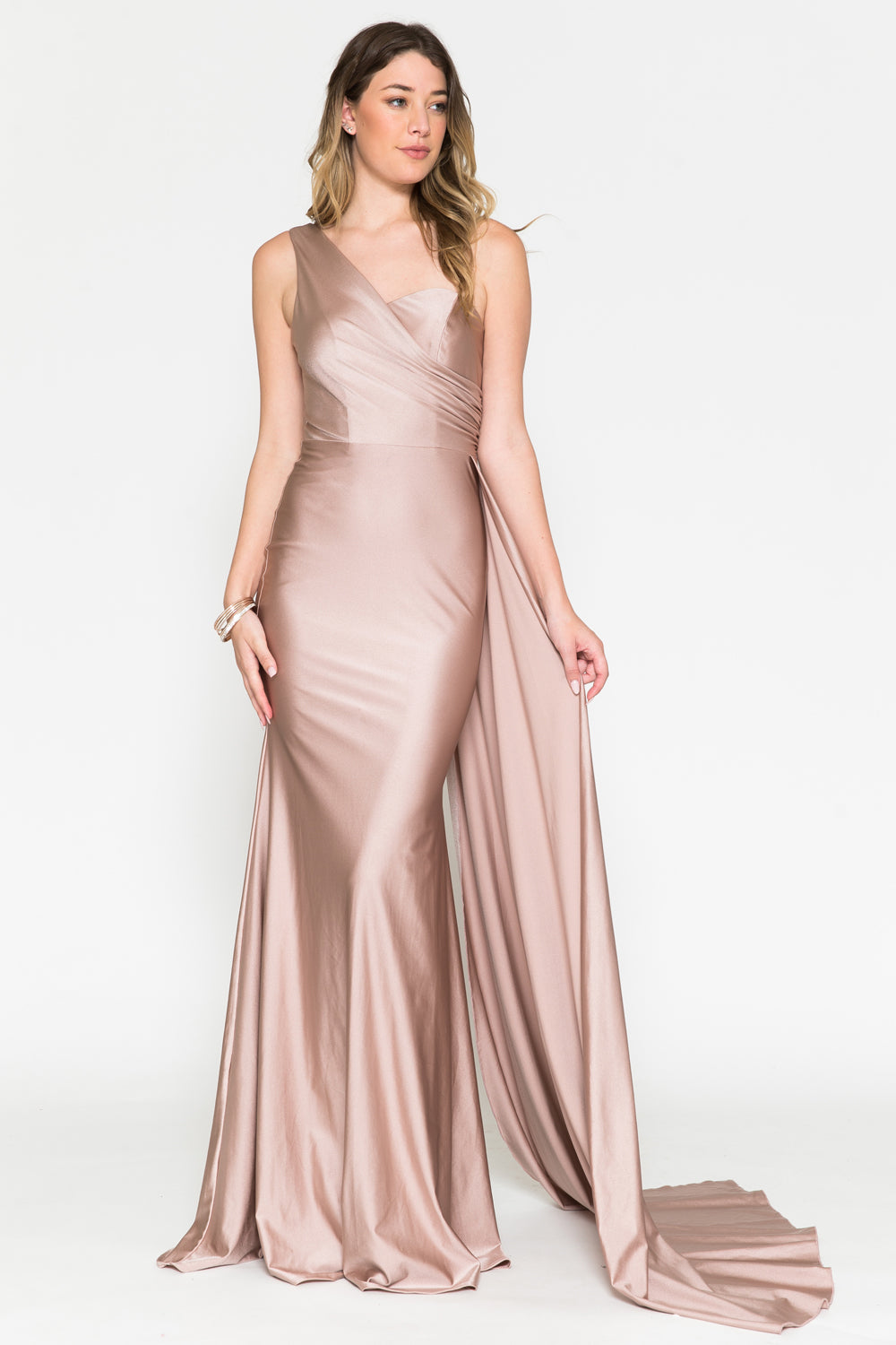 One-Shoulder Lycra Prom Dress with Side Cape-smcdress