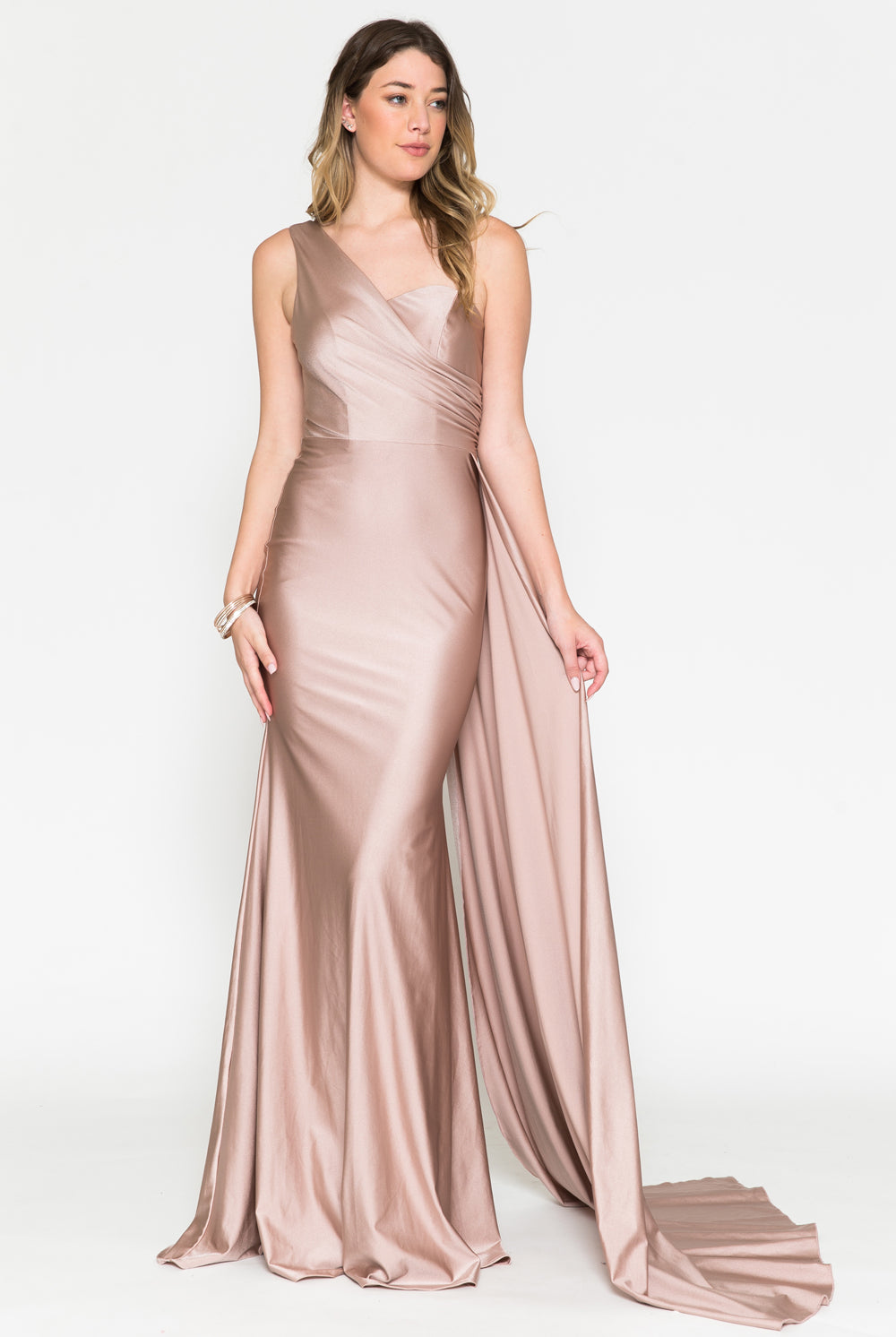 One-Shoulder Lycra Prom Dress with Side Cape-smcdress